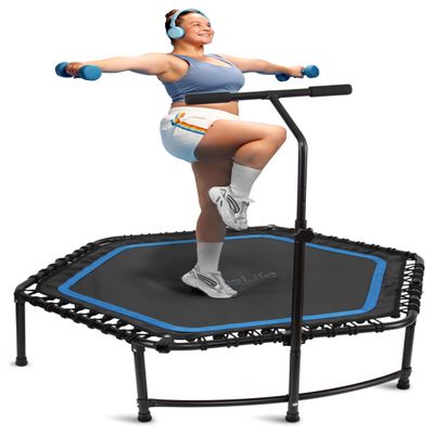 SereneLife 40"/50" Mini Trampoline for Adults - 450/550LBS Fitness Trampoline with Reinforced Springs & Adjustable Safety Handle - Stable & Quiet Supports Whole-Body Workout & Relaxation