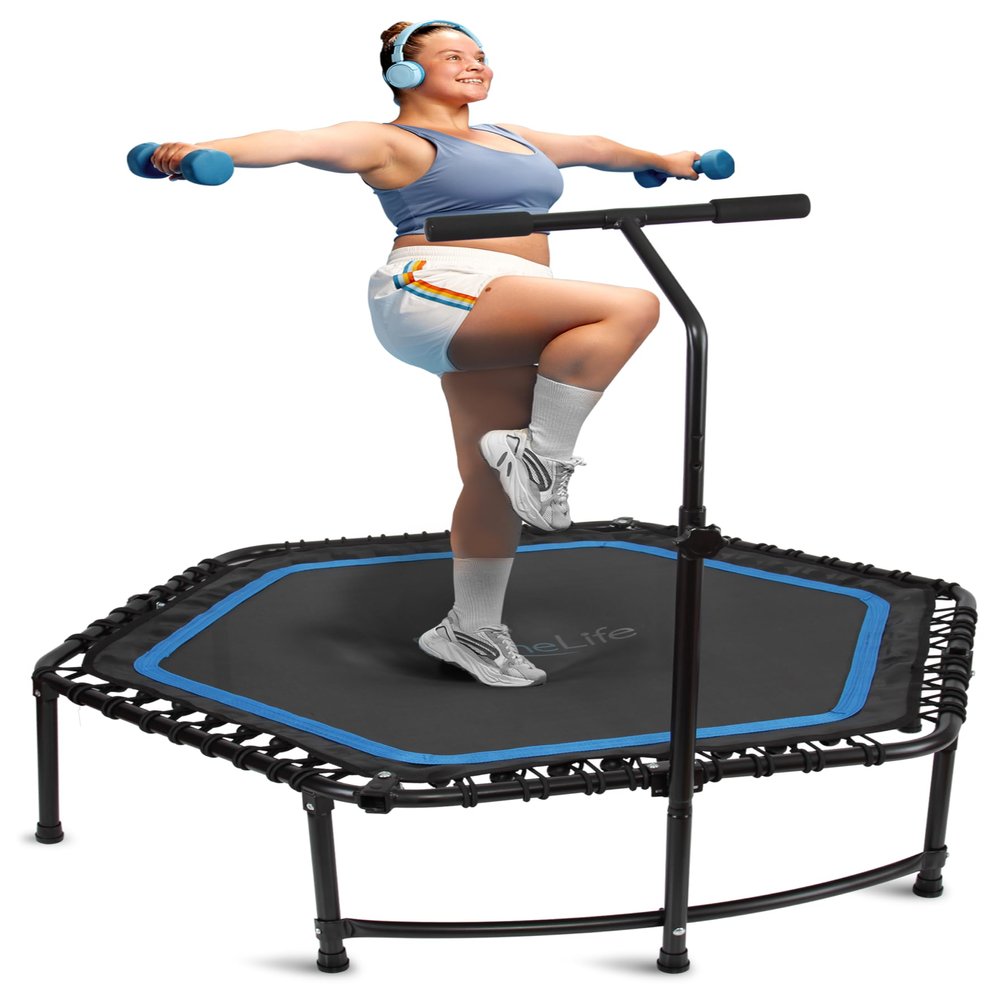 SereneLife 40"/50" Mini Trampoline for Adults - 450/550LBS Fitness Trampoline with Reinforced Springs & Adjustable Safety Handle - Stable & Quiet Supports Whole-Body Workout & Relaxation