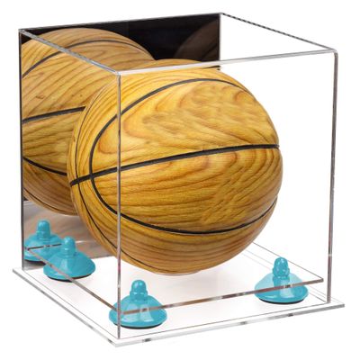 Better Display Cases Acrylic Mini - Miniature (not Full Size) Basketball Display Case with Mirror, Light Blue Risers and Clear Base (A015-BLR)