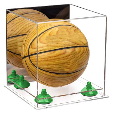 Better Display Cases Acrylic Mini - Miniature (not Full Size) Basketball Display Case with Mirror, Green Risers and Clear Base (A015-GRR)