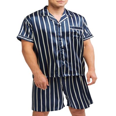 Sanraflic Men's Satin Pajamas Short Button-Down Pj Set Sleepwear Loungewear (Blue With White Stripe, M)
