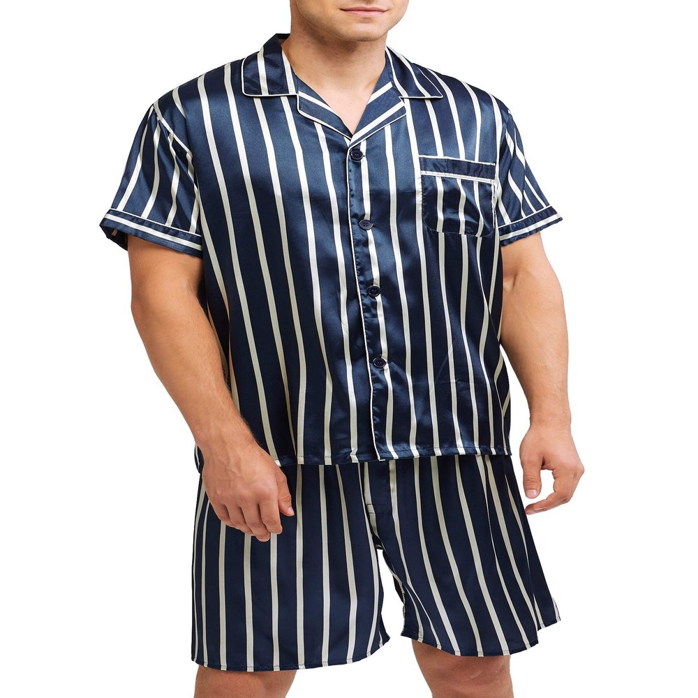 Sanraflic Men's Satin Pajamas Short Button-Down Pj Set Sleepwear Loungewear (Blue With White Stripe, M)