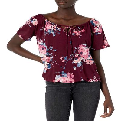 Star Vixen Women's Short/Slit Sleeve Keyhole-tie Peasant Top Bubble Hem
