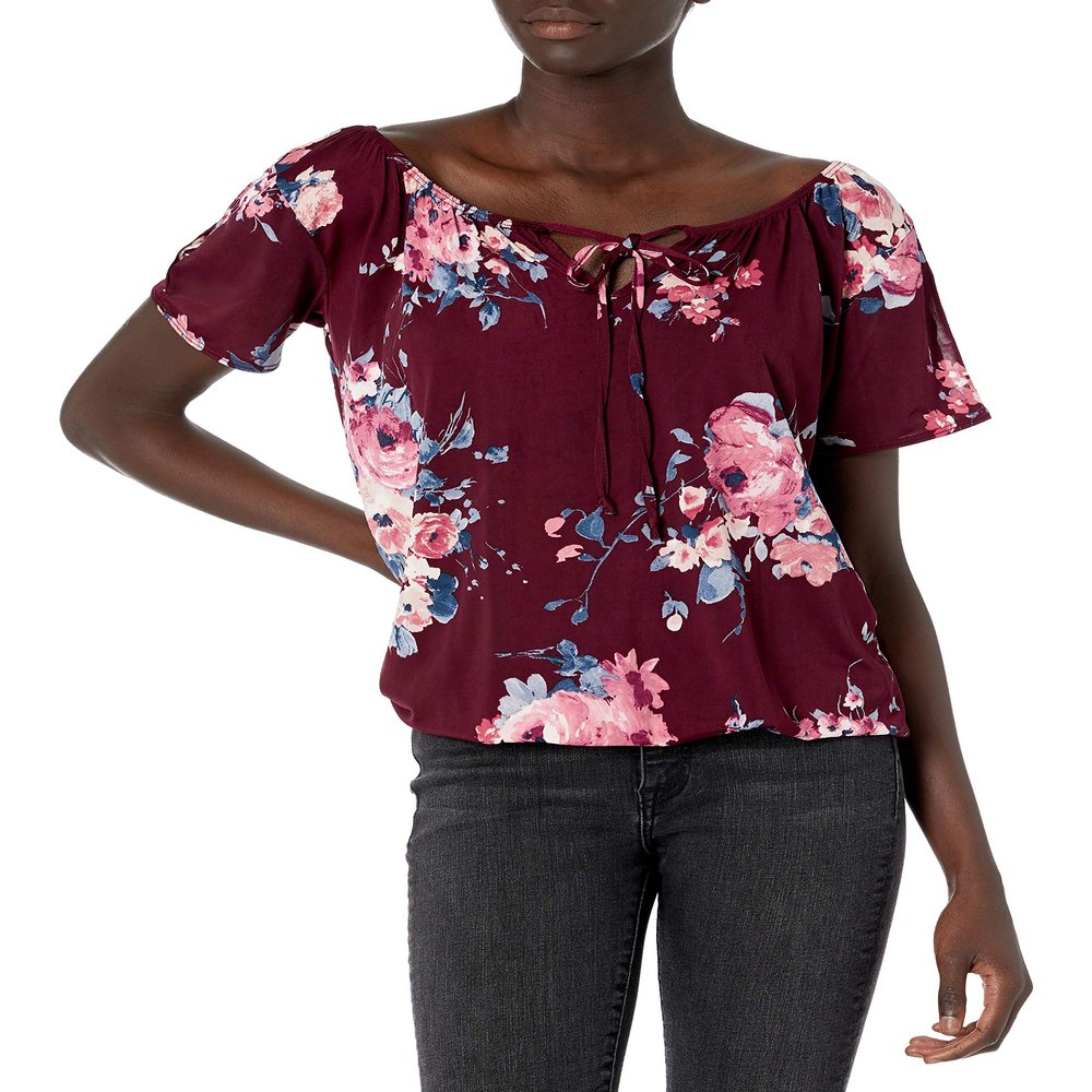 Star Vixen Women's Short/Slit Sleeve Keyhole-tie Peasant Top Bubble Hem