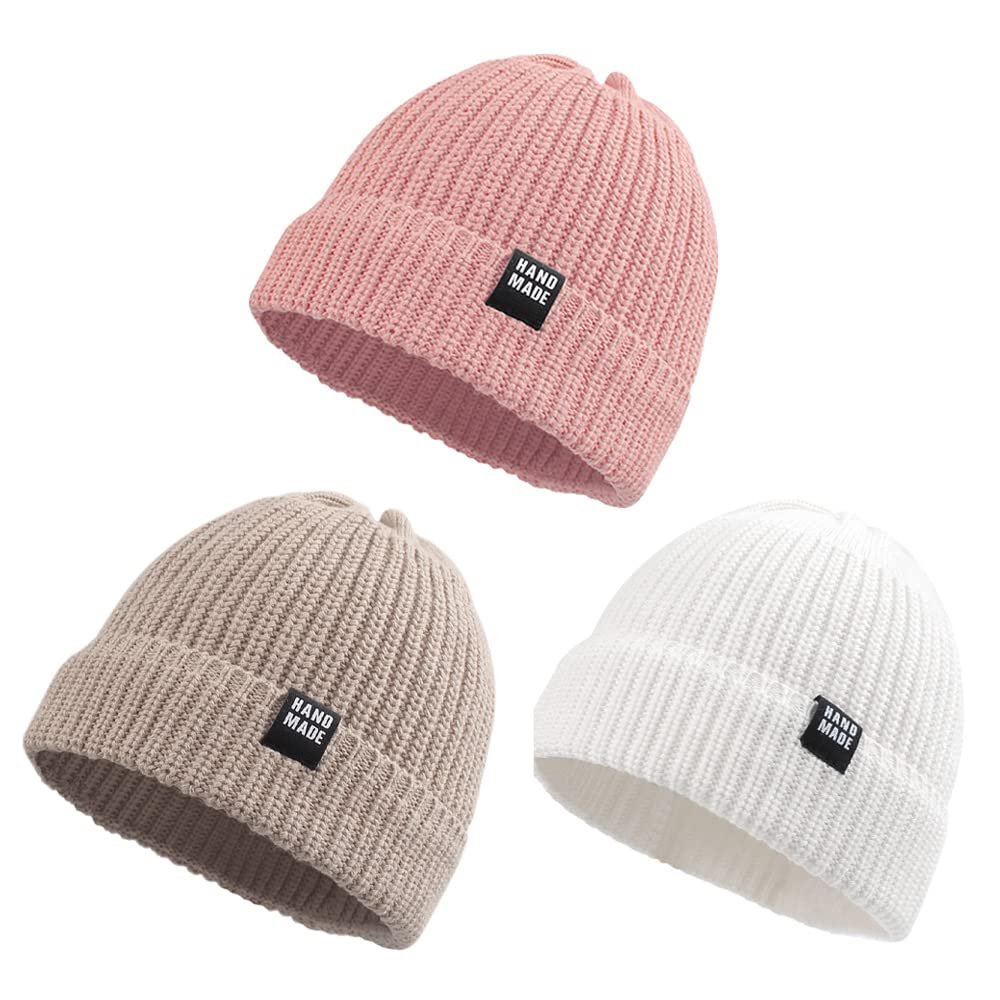 JANGANNSA Simple Knitted Baby Beanie Hip-Hop Boys Winter Hat Toddler Kids Bonnet for Girls 0-5Y (White+Pink+Beige,L)
