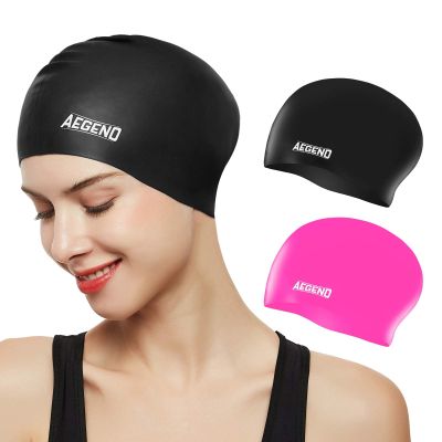 Aegend Swim Caps for Long Hair, Durable Silicone Swimming Caps for Women Men Adults Youths, Easy to Put On and Off, Waterproof Swim Hats Bathing Caps to Keep Hair Dry, 2 Pack, Black Pink
