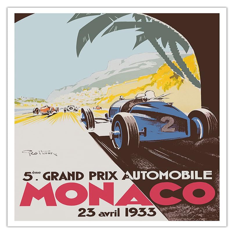 5th Grand Prix Monaco 1933 - Auto Racing - Vintage Sports Poster by Go Ham (Georges Hamel) c.1933 - Fine Art Matte Paper Print (Unframed) 16x20in