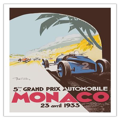 5th Grand Prix Monaco 1933 - Auto Racing - Vintage Sports Poster by Go Ham (Georges Hamel) c.1933 - Fine Art Matte Paper Print (Unframed) 30x44in