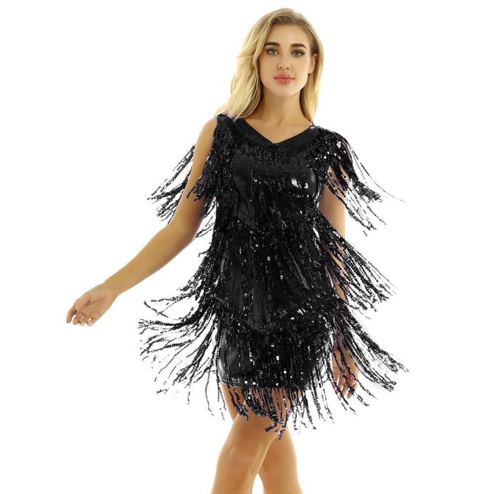inlzdz Women's V Neck Fringe Tassel Sequins Flapper Skirt Latin Tango Salsa Ballroom Dance Costume Black X-Large