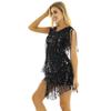 inlzdz Women's V Neck Fringe Tassel Sequins Flapper Skirt Latin Tango Salsa Ballroom Dance Costume Black X-Large view 4