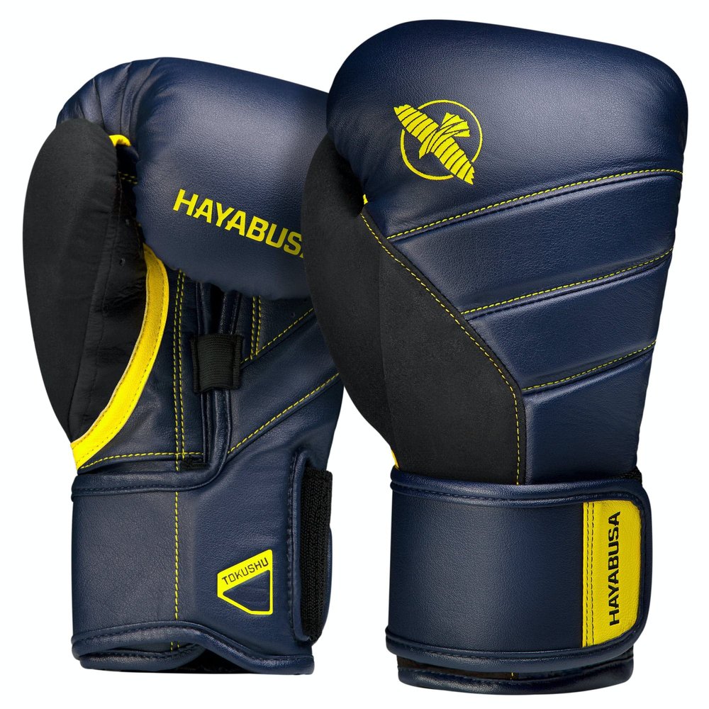 Hayabusa T3 Boxing Gloves for Men and Women Wrist and Knuckle Protection, Dual-X Hook and Loop Closure, Splinted Wrist Support, 5 Layer Foam Knuckle Padding - Navy/Yellow, 14 oz