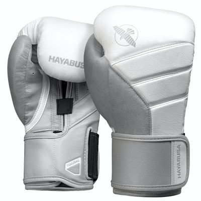 Hayabusa T3 Boxing Gloves for Men and Women Wrist and Knuckle Protection, Dual-X Hook and Loop Closure, Splinted Wrist Support, 5 Layer Foam Knuckle Padding - White/Grey, 14 oz