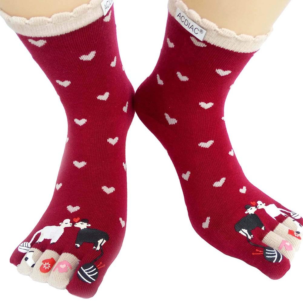acdiac Women's Cotton Toe Socks,five Finger Socks,Funny and Funky cartoon theme sport Toe Socks (sheep red)
