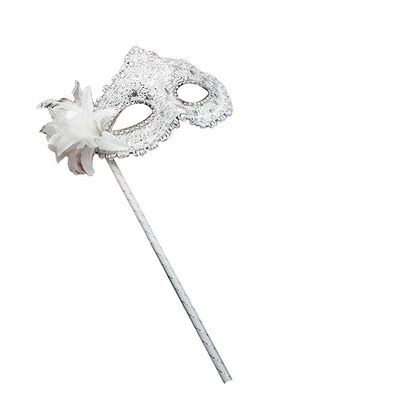 AZYOUNG Women's Masquerade Masks Side Feather Flower Petal Hand Held Lace Mask with Stick,(White)