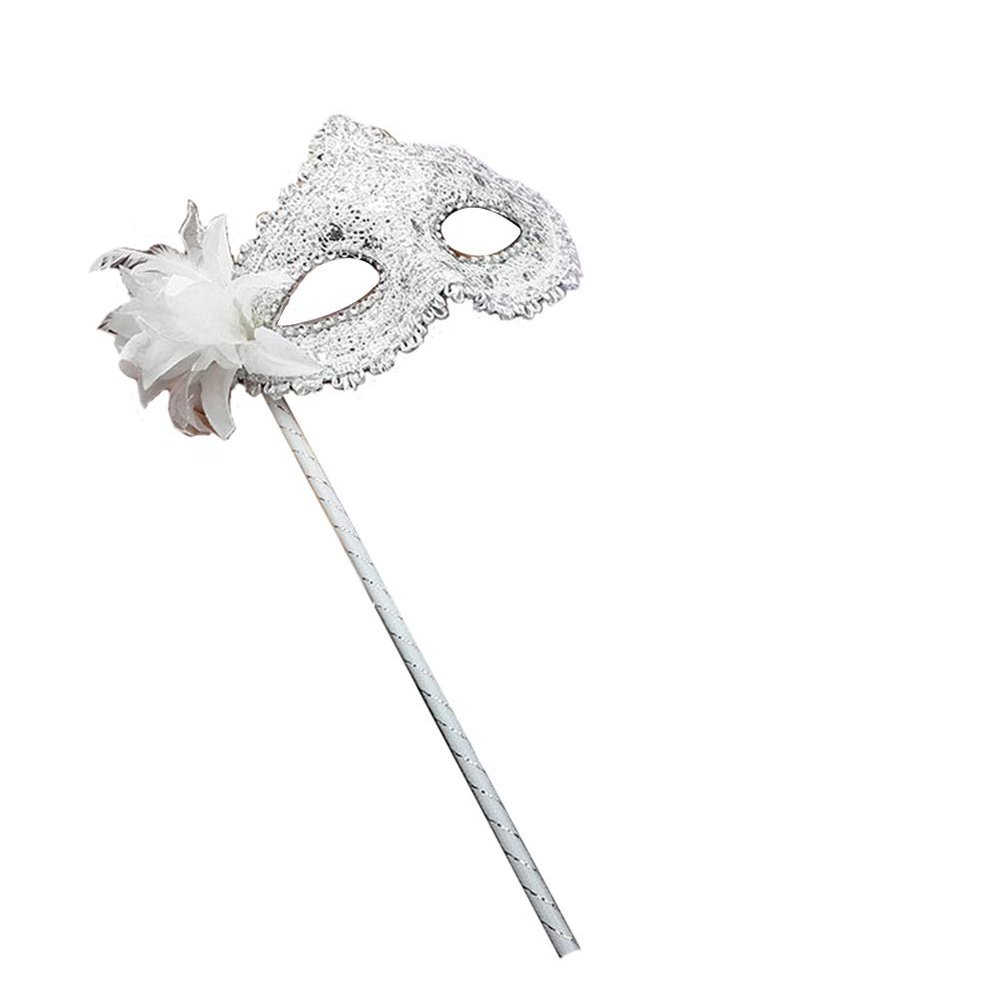 AZYOUNG Women's Masquerade Masks Side Feather Flower Petal Hand Held Lace Mask with Stick,(White)