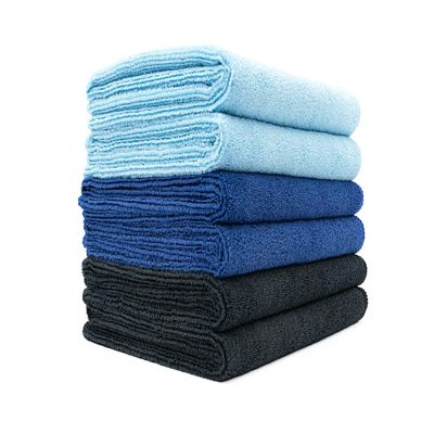 The Rag Company Microfiber Spa and Yoga Towel - Soft and Absorbent Towel for Gym, Spa, Exercise, Hotel, and Resort Use - Dries Fast - 16x27 inches - Light Blue, Royal Blue, Black, 6-Pack