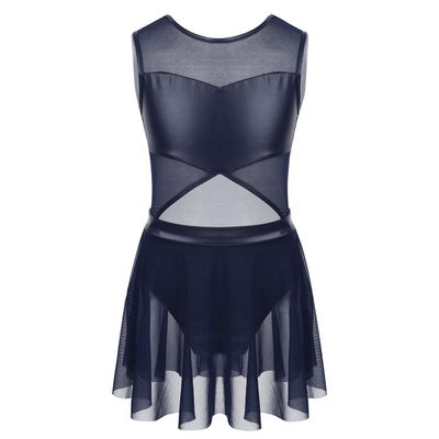 ACSUSS Girls Gymnastics Ballet Dance Tank Top Leotard Tutu Dress Dancewear Metallic Mesh Splice Cutout Unitard Bodysuit Navy_Blue 6