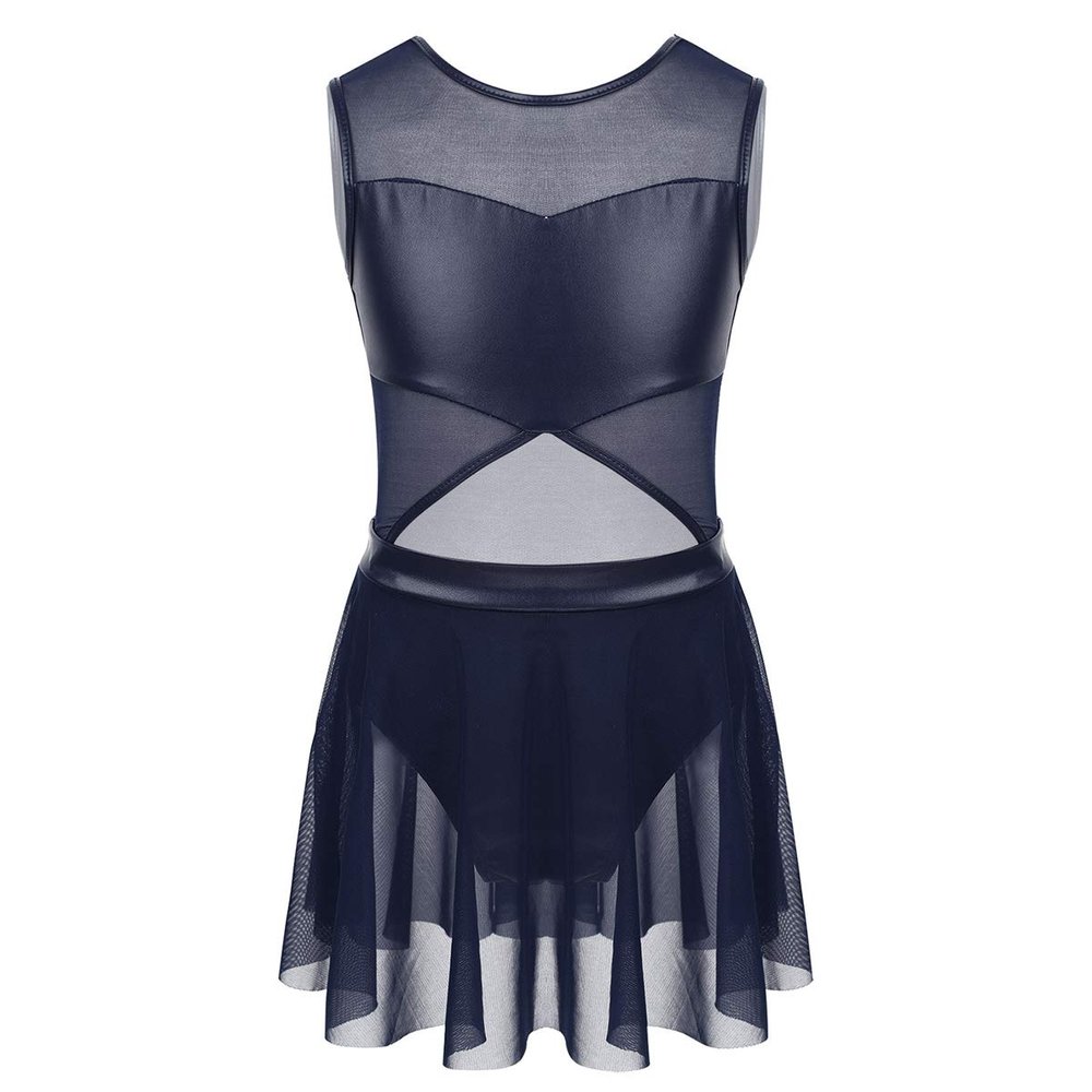ACSUSS Girls Gymnastics Ballet Dance Tank Top Leotard Tutu Dress Dancewear Metallic Mesh Splice Cutout Unitard Bodysuit Navy_Blue 6