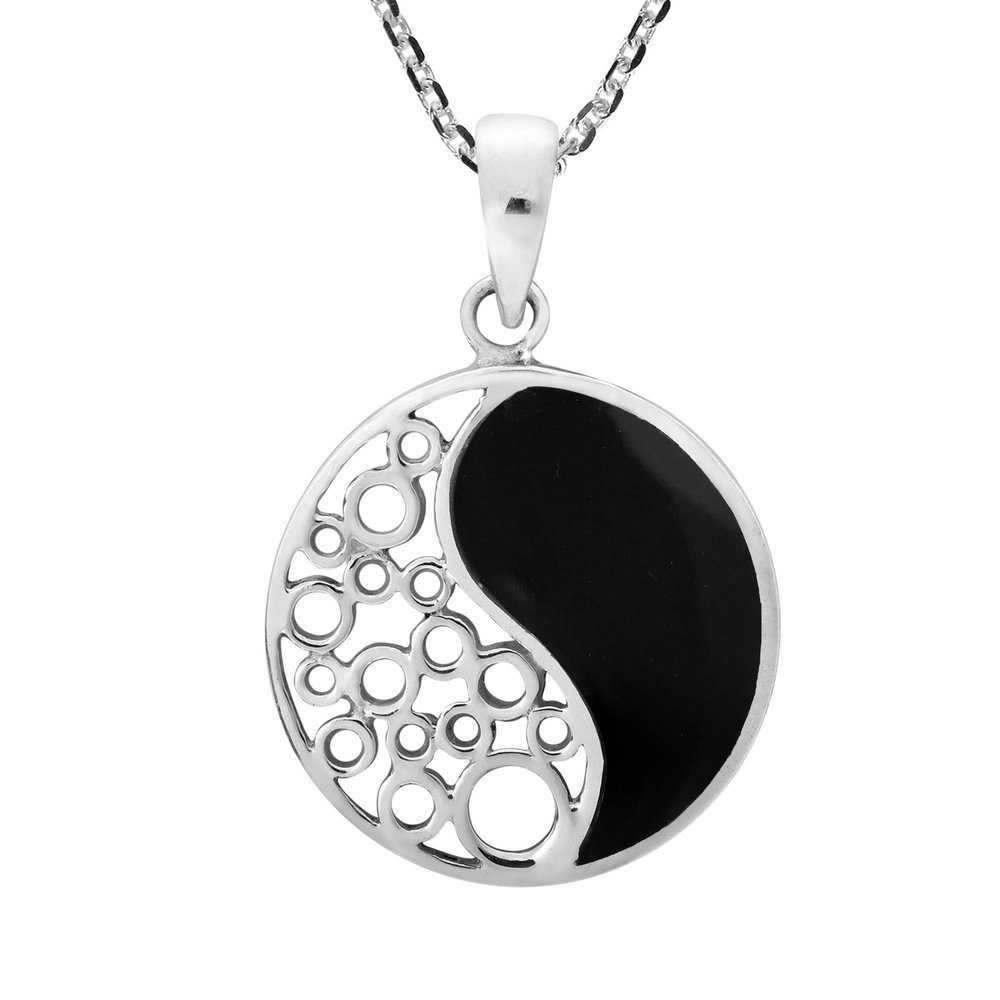 AeraVida Sacred Balance Yin and Yang Simulated Black Onyx Inlay .925 Sterling Silver Pendant Necklace