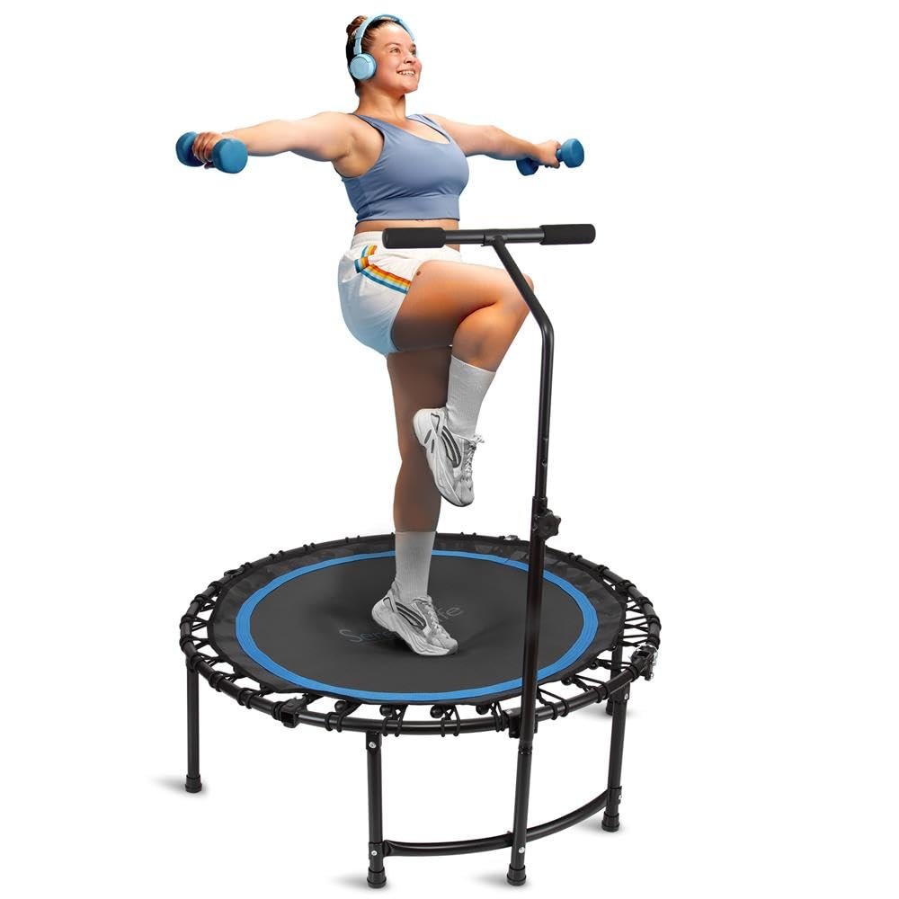 Serenelife 40" Inch Portable Fitness Trampoline with Adjustable Handrail for Indoor and Outdoor Use  Professional Round Jumping Trampoline  Cardio Trampoline