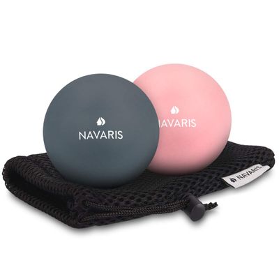 Navaris Lacrosse Massage Balls (Set of 2) - 2 1/2" Diameter Ball Set for Back, Feet, Muscles - Includes Firmer Ball and Softer Ball - Dark Blue, Pink
