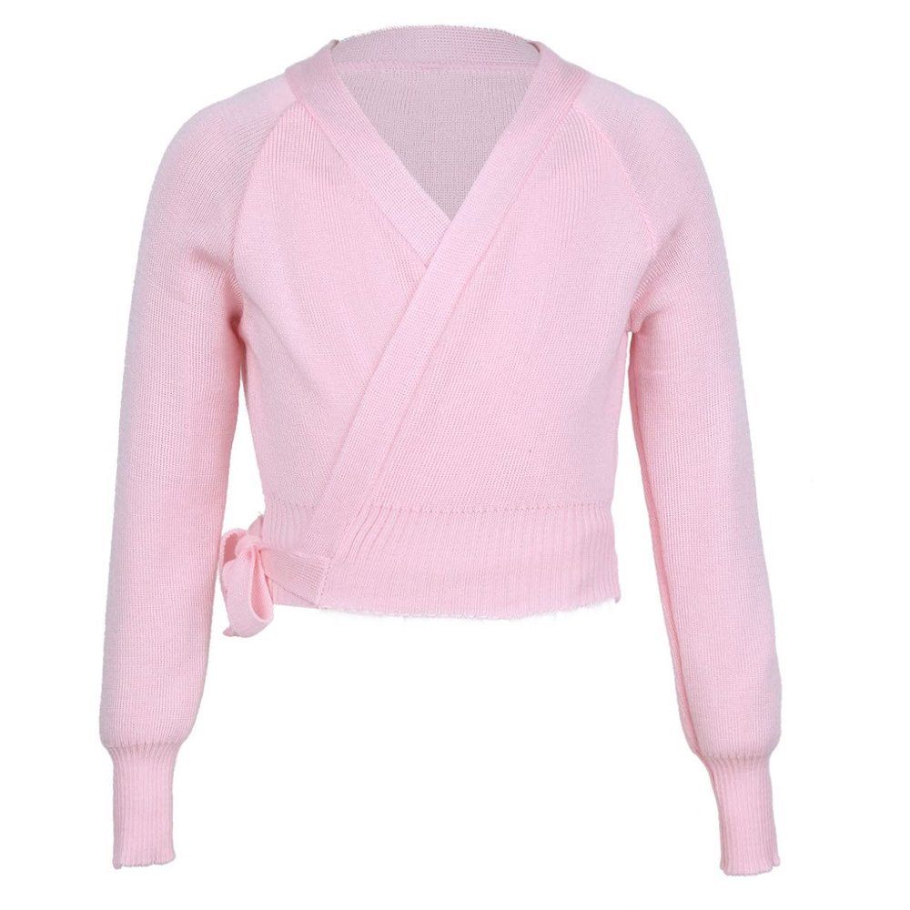 renvena Kids Girls Classic Basic Ballet Dance Gymnastic Active Cardigan Long Sleeve Knit Wrap Warm-up Sweater Pink 7-8