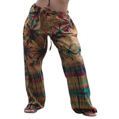 Full Funk Cotton Chimney Pipe Tall and Thin Pull String Tie Dye Pants, X-Large, Aum Cotton - Light Brown Tone