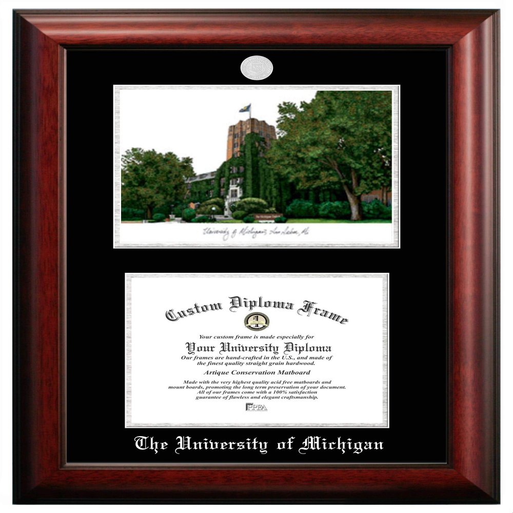 Campus Images Michigan Wolverines Diploma Frame 8.5x11  Silver Medallion with Campus Lithograph, Brown Wood Finish Official NCAA Licensed