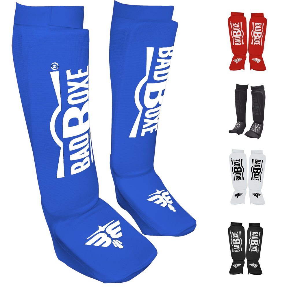 BadBoxe Muay Thai, Boxing, Kickboxing,Karate, Taekwondo, MMA Elastic Cloth Shin & Instep Padded Guards, Shin in Steps, Shin Guards, Different Sizes (Pair) (Blue/White, S/M)