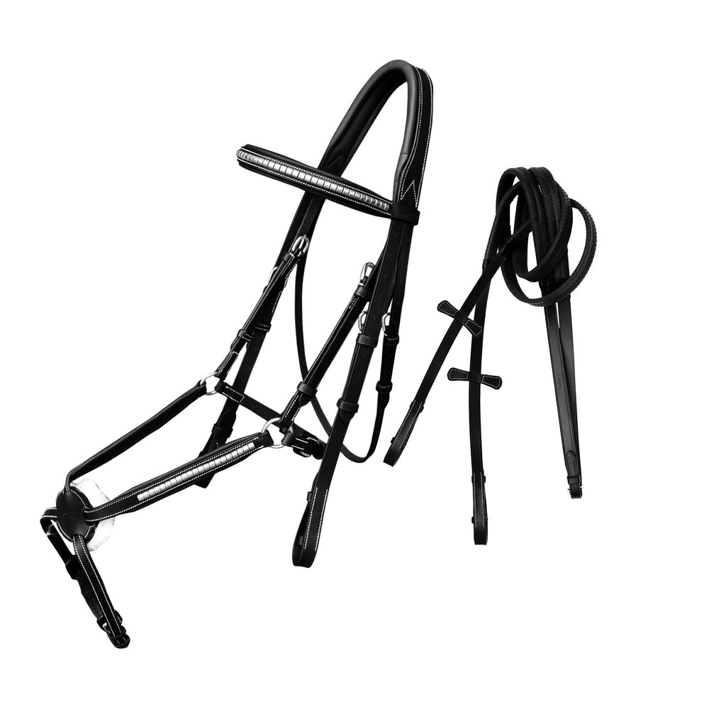 Exion Premium English Leather Figure 8 Bridle with Silver Clincher Noseband & Browband | Soft Padded Anatomical Crown Piece | Rubber Reins | Adjustable Fit | Jumping, Hunter, Eventing