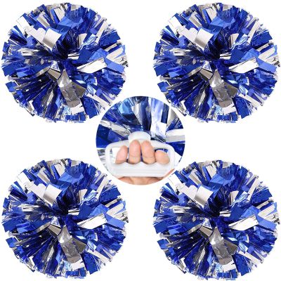 AUHOKY 4 Packs Metallic Cheerleading Cheer Pom Poms, Fluffy Cheerleader Pompoms with Finger-Friendly Ring, Cheering Pom poms for Squad Team Sports Game Dance Dress Party Kids Adults(Blue/Silver)