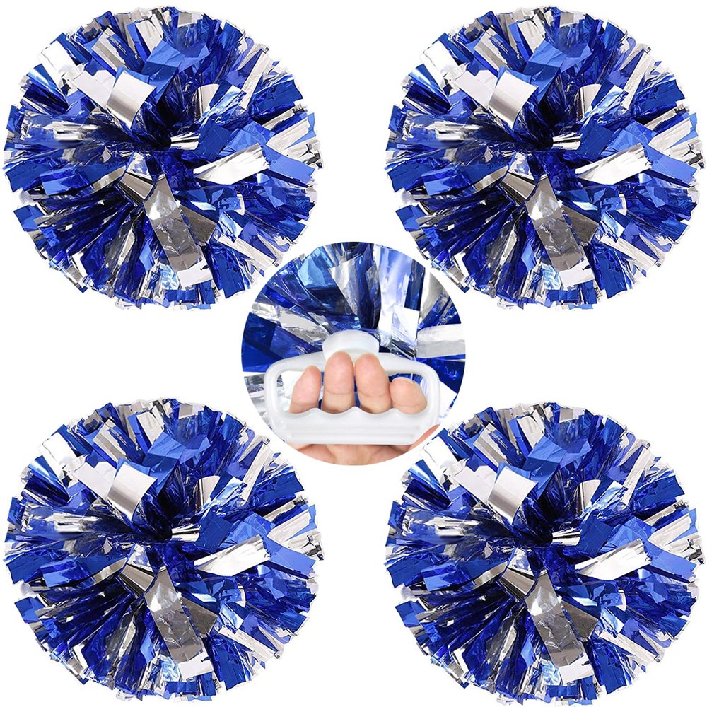AUHOKY 4 Packs Metallic Cheerleading Cheer Pom Poms, Fluffy Cheerleader Pompoms with Finger-Friendly Ring, Cheering Pom poms for Squad Team Sports Game Dance Dress Party Kids Adults(Blue/Silver)