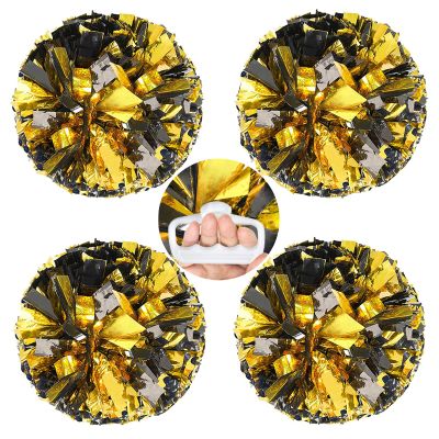 AUHOKY 4 Packs Metallic Cheerleading Cheer Pom Poms, Fluffy Cheerleader Pompoms with Finger-Friendly Ring, Cheering Pom poms for Squad Team Sports Game Dance Dress Party Kids Adults(Black/Gold)