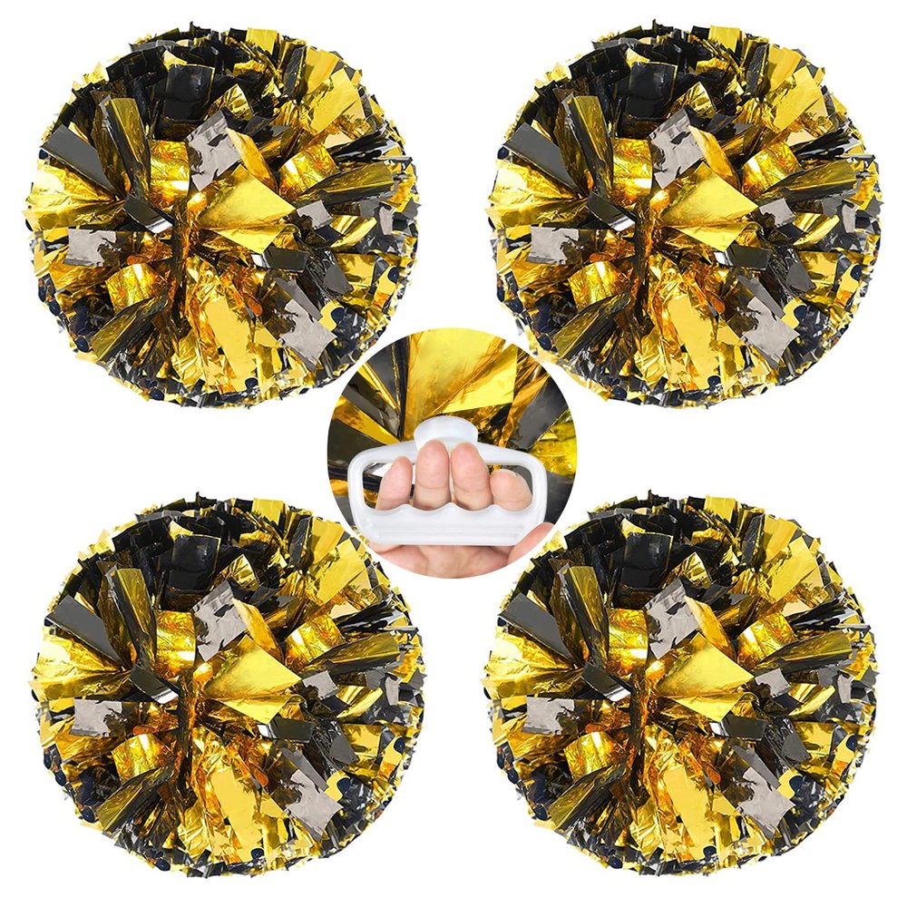 AUHOKY 4 Packs Metallic Cheerleading Cheer Pom Poms, Fluffy Cheerleader Pompoms with Finger-Friendly Ring, Cheering Pom poms for Squad Team Sports Game Dance Dress Party Kids Adults(Black/Gold)