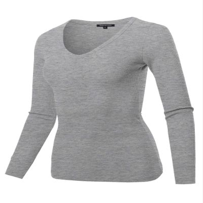Made by Emma Basic Casual Solid Long Sleeve V-Neck Thermal Tops Heather Grey L
