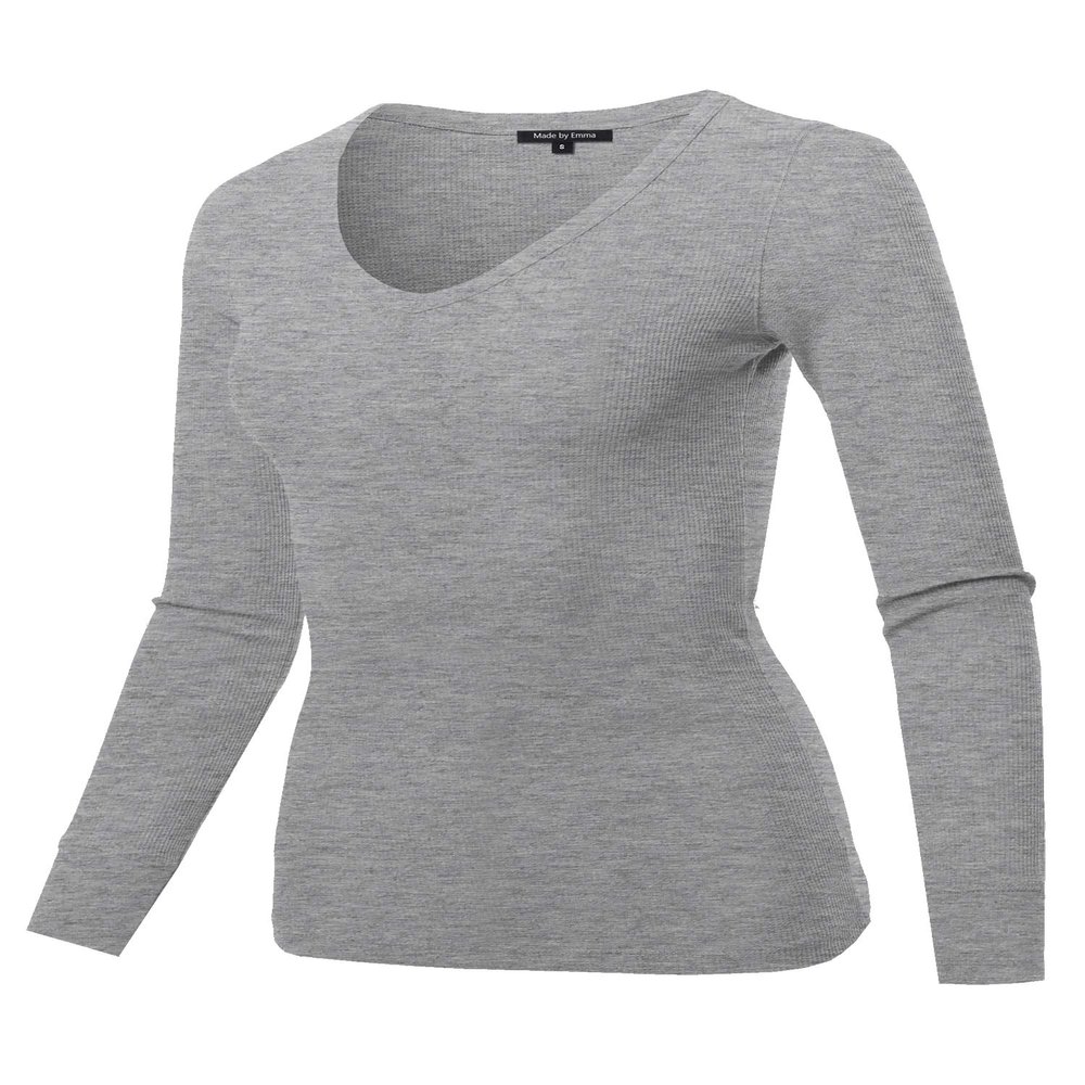 Made by Emma Basic Casual Solid Long Sleeve V-Neck Thermal Tops Heather Grey L
