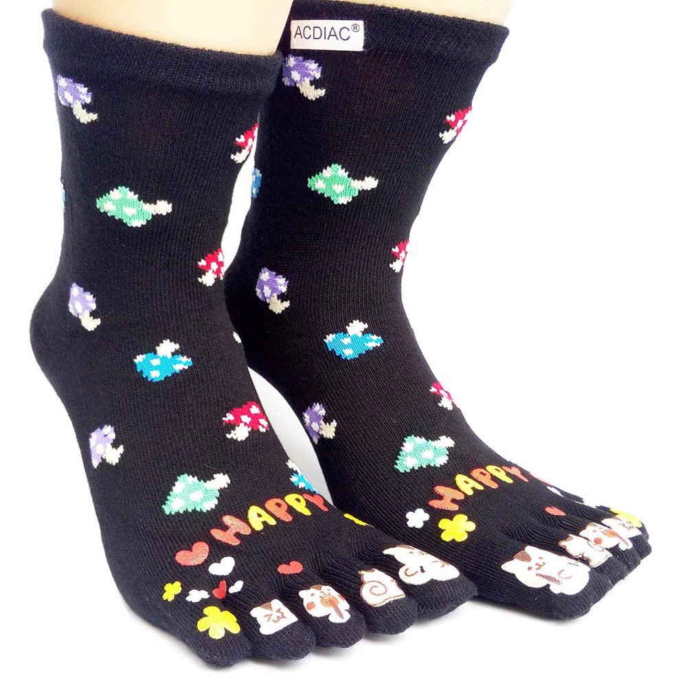 Women's Cotton Toe Socks,five Finger Socks,Funny and Funky cartoon theme sport Toe Socks (mushroom-black)