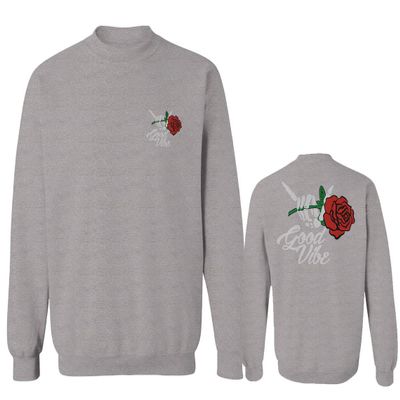 0184. dope Streetwear Graphic Good Vibe Red Rose Flowers Bones Hand Shaka Men's Crewneck Sweatshirt (Light Gray Medium)