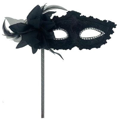 AZYOUNG Women's Masquerade Masks Side Feather Flower Petal Hand Held Lace Mask with Stick,(Black)