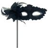 AZYOUNG Women's Masquerade Masks Side Feather Flower Petal Hand Held Lace Mask with Stick,(Black) view 1