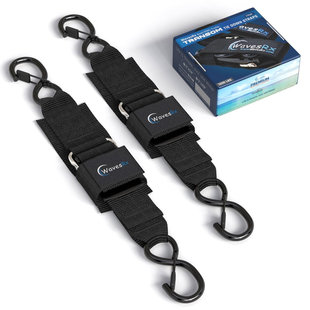 WavesRx Premium Boat & Jet Ski Trailer Transom Tie Down Straps - Adjustable Marine Boat Trailer Strap via Quick Release Buckle - Boats Transom Straps & Watercraft Accessories for Safe Transport
