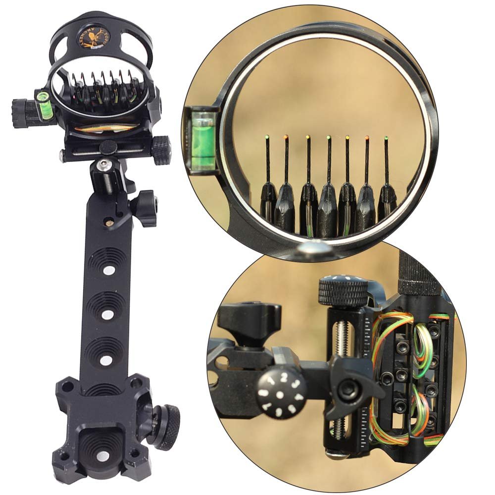 SHARROW Archery Compound Bow Sight 7 Pin Bow Sight Aluminum Alloy Bow Sights Compound Bow 0.019 Optical Fiber Retinal Sight Accessories Hunting (Black)