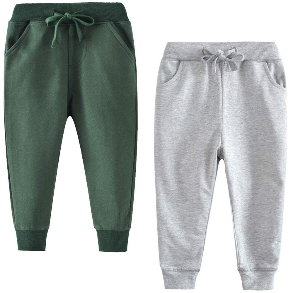 Little Boys Cotton Casual 2T Sweatpants Toddler Boys' Drawstring Elastic Waist Solid 2T Jogger Pants 2 Pack Set Gray Green 3T