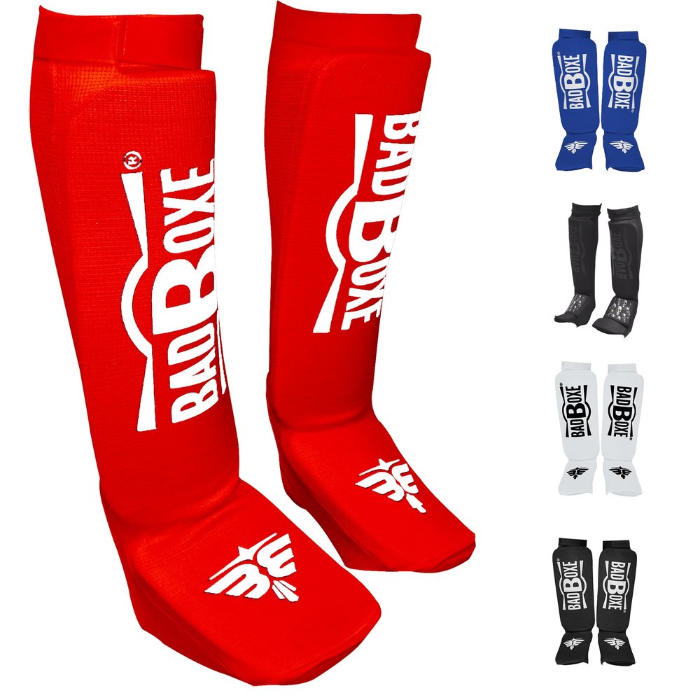 BadBoxe Muay Thai, Boxing, Kickboxing,Karate, Taekwondo, MMA Elastic Cloth Shin & Instep Padded Guards, Shin in Steps, Shin Guards, Different Sizes (Pair) (RED/White, S/M)