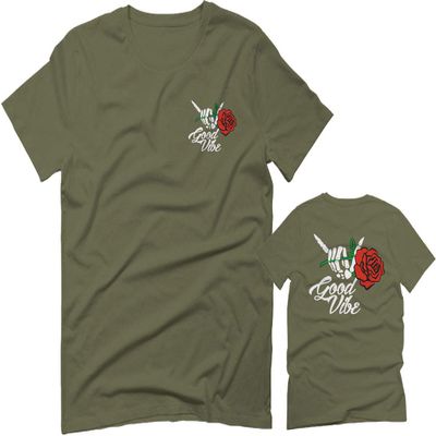 0184. dope Streetwear Graphic Good Vibe Red Rose Flowers Bones Hand Shaka for Men T Shirt (Olive Green, 2X-Large)