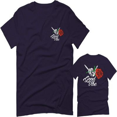 0184. dope Streetwear Graphic Good Vibe Red Rose Flowers Bones Hand Shaka for Men T Shirt (Navy Blue, 2X-Large)