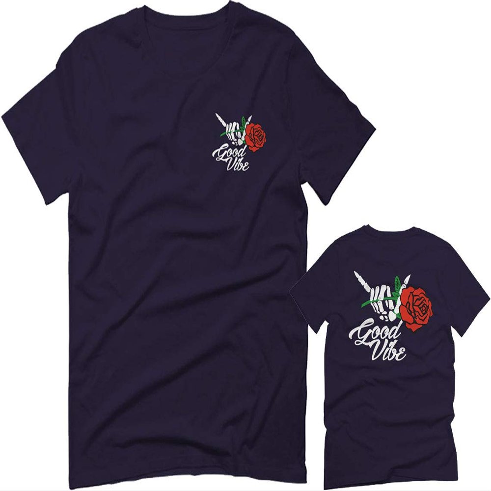 0184. dope Streetwear Graphic Good Vibe Red Rose Flowers Bones Hand Shaka for Men T Shirt (Navy Blue, 2X-Large)
