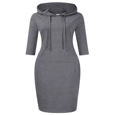 Clearlove Grey Dress for Women 3/4 Sleeve Pocket Knee Length Slim Pullover Hoodie Dress, Gray S