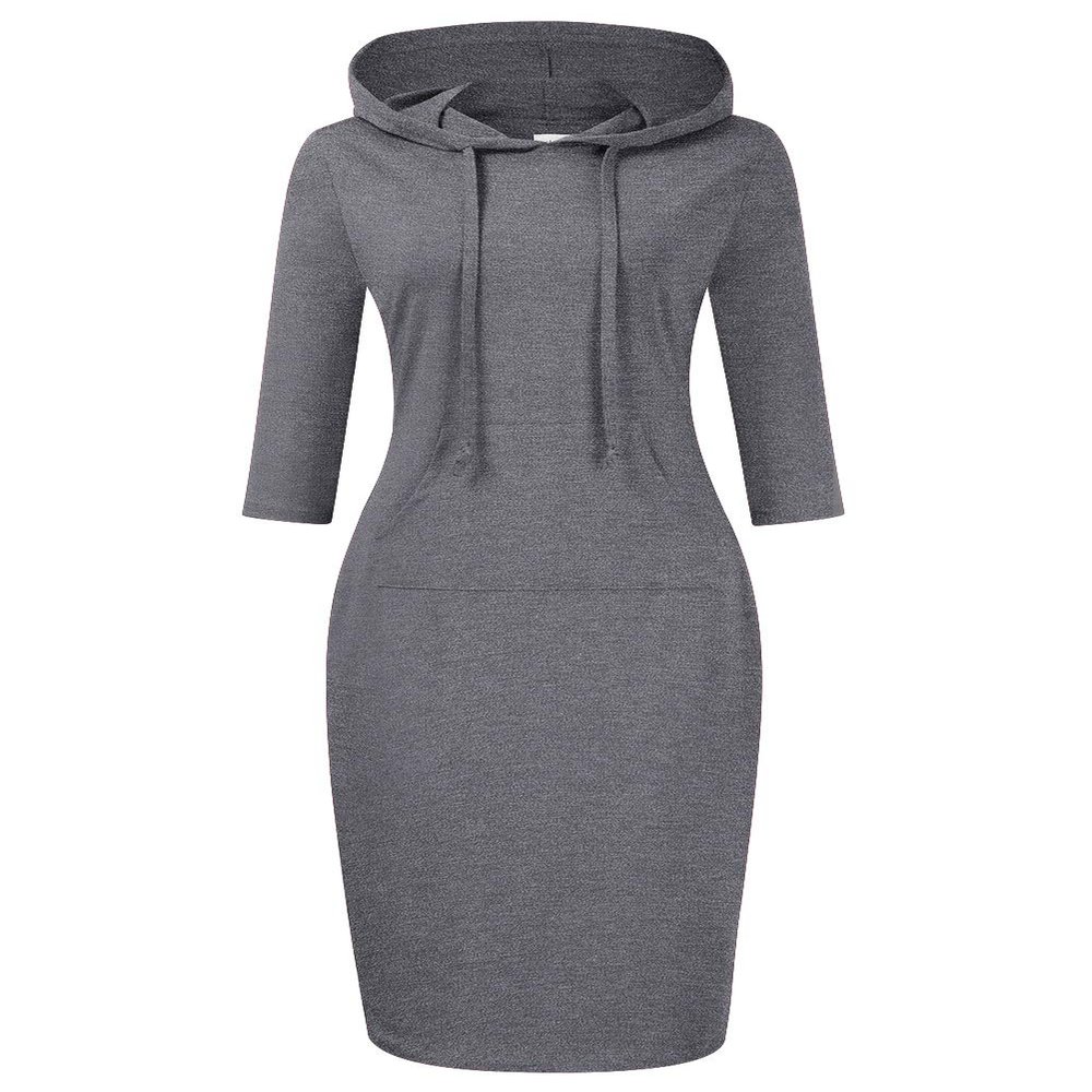 Clearlove Grey Dress for Women 3/4 Sleeve Pocket Knee Length Slim Pullover Hoodie Dress, Gray S