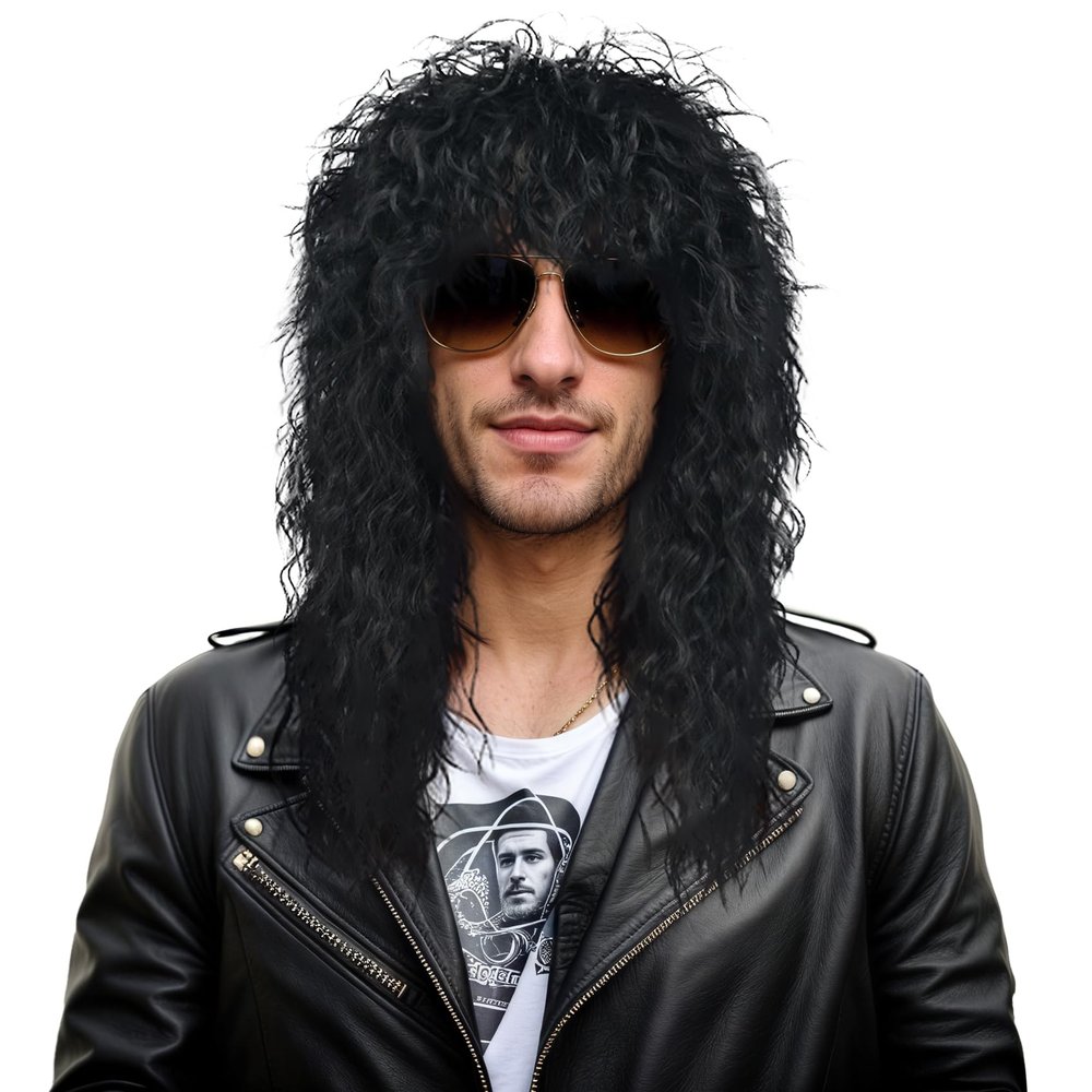 VGbeaty 70s 80s Rocker Mullet Wig Long Curly Black Adult Men Women Wig Halloween Cosplay Costume Anime Party